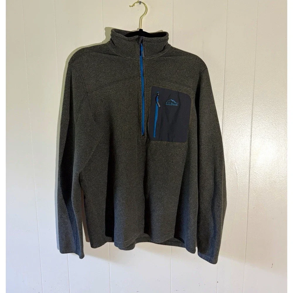 L.L.Bean Men's L Regular Gray Solid 1/4 Zip Mock Neck Knit Logo Sweater